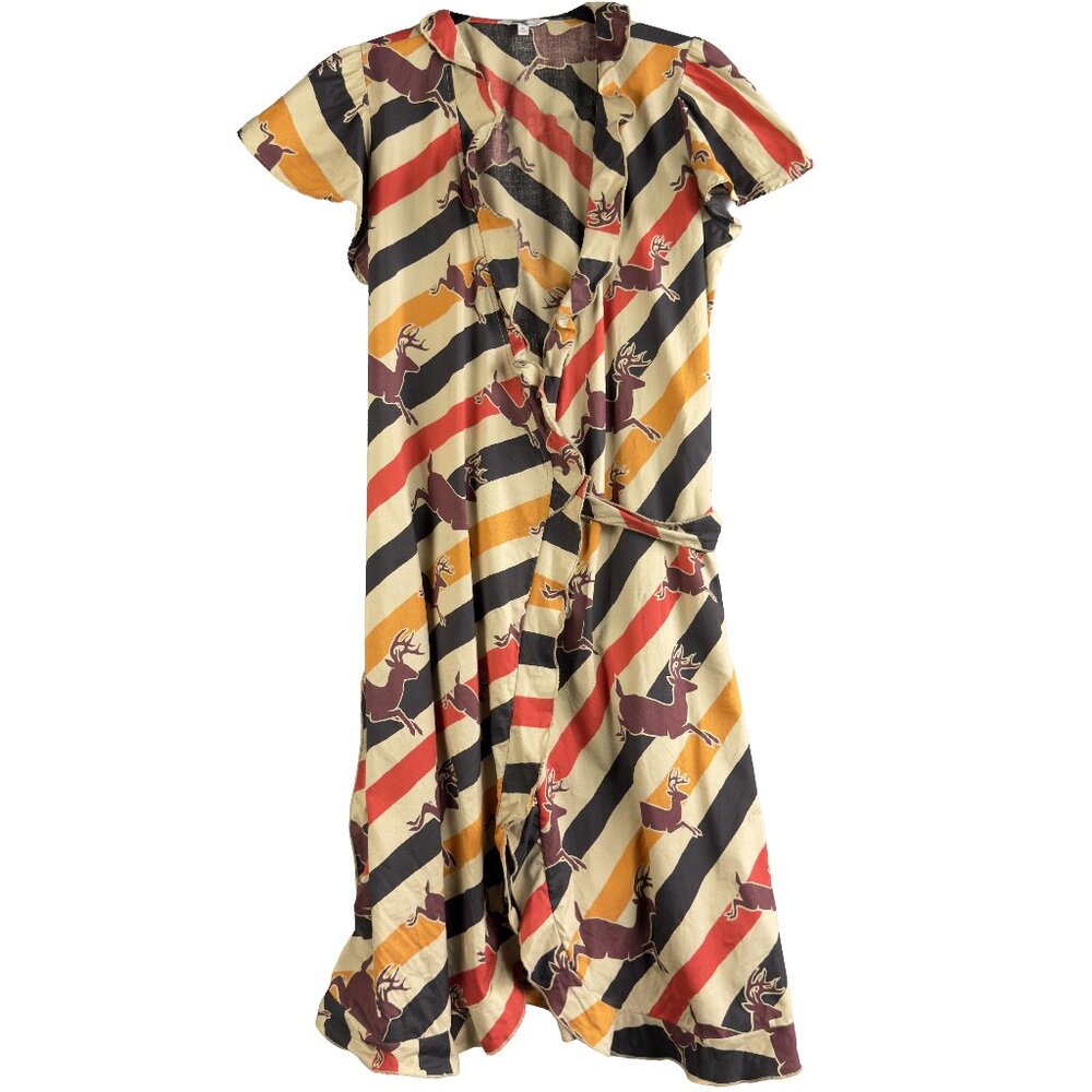 Striped Ruffle Wrap Dress in Mustard, Red & Black